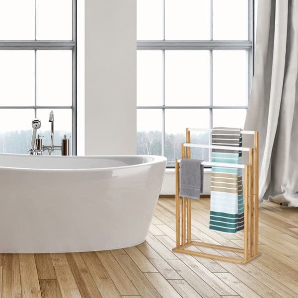 Relaxdays Handduksställ, 3 stångar, bambu, frittstående stöd, badrumsaccessoarer, sängstolpe, natur