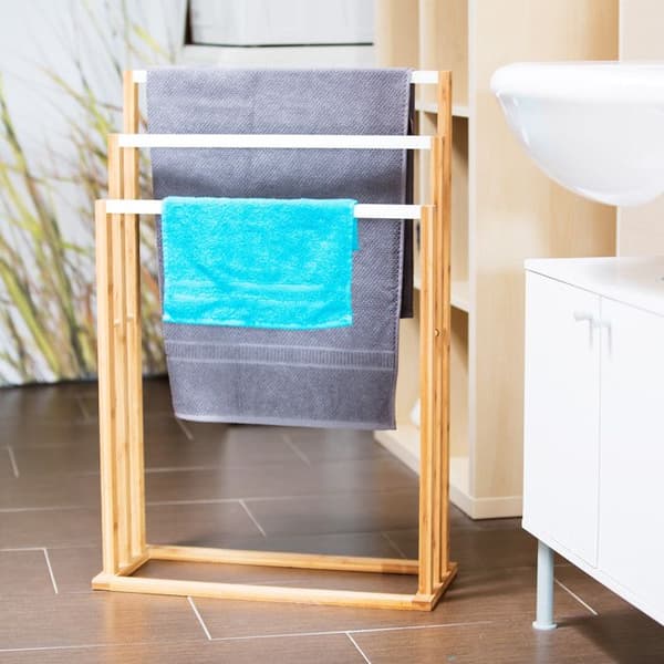 Relaxdays Handduksställ, 3 stångar, bambu, frittstående stöd, badrumsaccessoarer, sängstolpe, natur