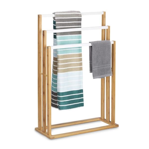 Relaxdays Handduksställ, 3 stångar, bambu, frittstående stöd, badrumsaccessoarer, sängstolpe, natur