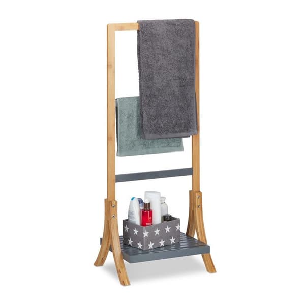 Relaxdays Handdukshållare på fot, Stödför handdukar, 3 stänger, bambuförvaring, 103x41x28 cm, natur