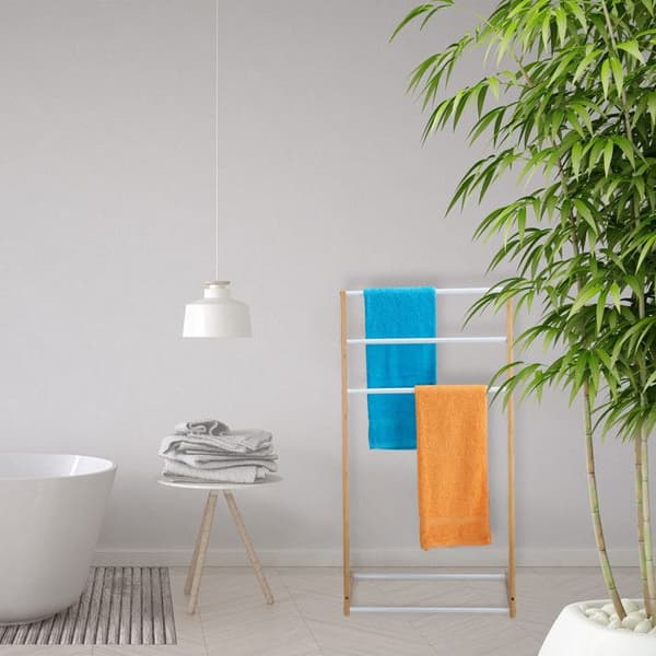 Relaxdays Frittstående håndkleholder, 3 stenger, bad, soverom, HLP: 98 x 62 x 30 cm, bambus og jern, natur/hvitt