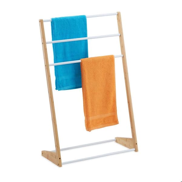 Relaxdays Frittstående håndkleholder, 3 stenger, bad, soverom, HLP: 98 x 62 x 30 cm, bambus og jern, natur/hvitt