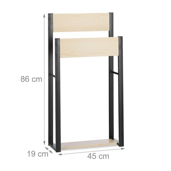 Relaxdays Handduksställ på fot Design U 2 hyllor Ställ för badhanddukar SDB 86x45x19cm, trä+stål, natur