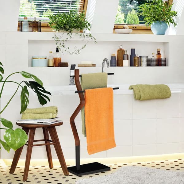 Relaxdays Fristående handduksställ, kökshandduksställ, 2 barer, för disktrasor, trä & metall, svart/brun
