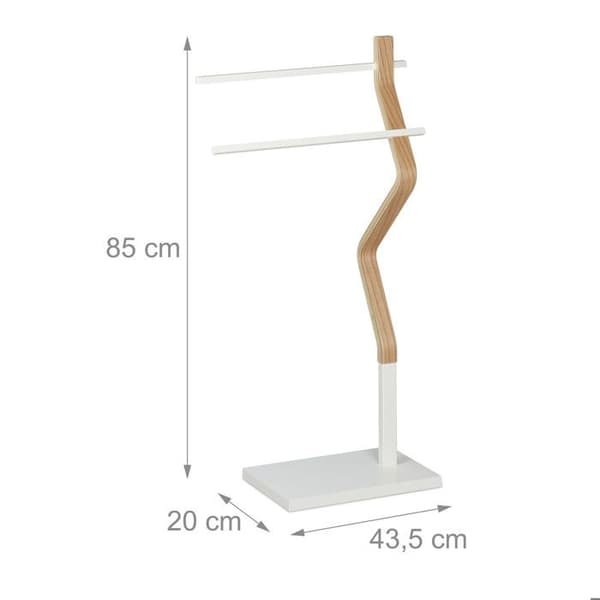 Relaxdays Frittstående håndkleholder, Klutstøtte med 2 stenger, for kluter, tre & metall, hvit/natur.