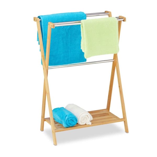 Relaxdays Handdukshållare med fötter, 5 stänger, bambu, rostfritt stål, stöd för badhanddukar, 87x58,5x36 cm, natur