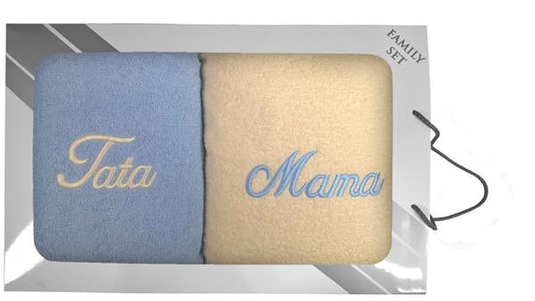 Sæt med håndklæder i æske, 2 stk 70x140 Mama Tata cremeblå 05