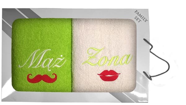 Sæt håndklæder i æske, 2 stk 70x140 Husband Wife Mouth Moustache celadon 12 creme