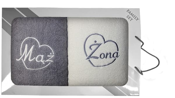 Sæt håndklæder i æske, 2 stk 70x140 Husband Wife Heart lysegrå creme