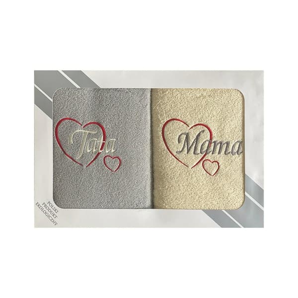 Sæt håndklæder i æske, 2 stk, 50x100 Mama Tata, creme, lysegrå, hjerter