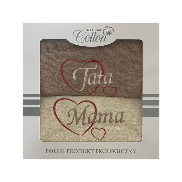 Sæt håndklæder i æske, 2 stk, 50x100 Mama Tata, cremet, beige, hjerter