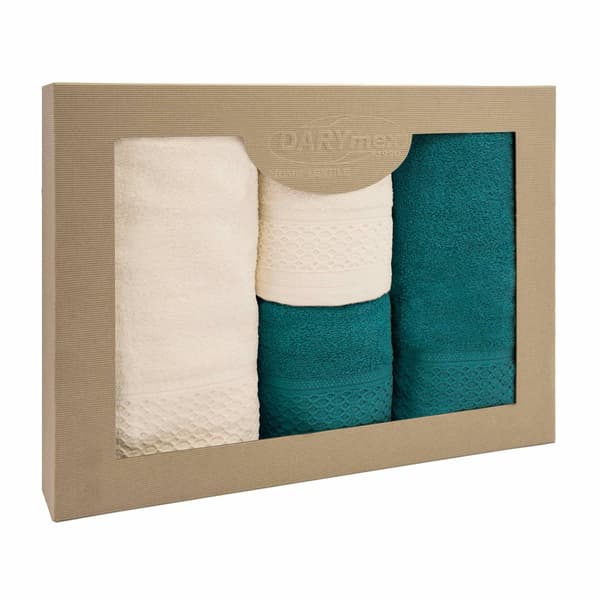 Handduk D Bomull 100% Solano Ecru + Mörk turkos (P) 2x50x90+2x70x140 set