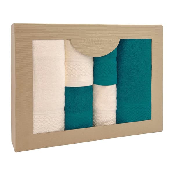 Handduk D Bomull 100 % Solano Ecru + Mörk turkos (P) 2x30x50+2x50x90+2x70x140 set