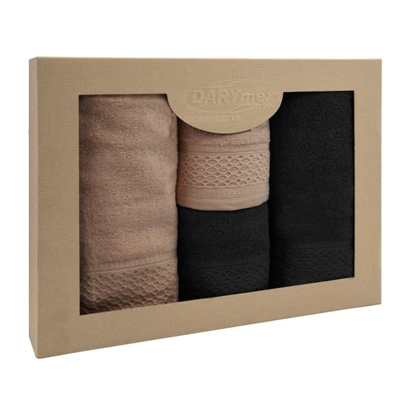 Handduk D Bomull 100% Solano Beige + Svart (P) 2x50x90+2x70x140 set