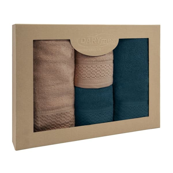 Håndklæde D Bomuld 100% Solano Beige + Marineblå (P) 2x50x90+2x70x140 sæt
