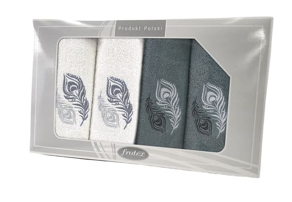 Sæt med 4 håndklæder Frotex Gift IV påfuglefjer hvid mørk ask