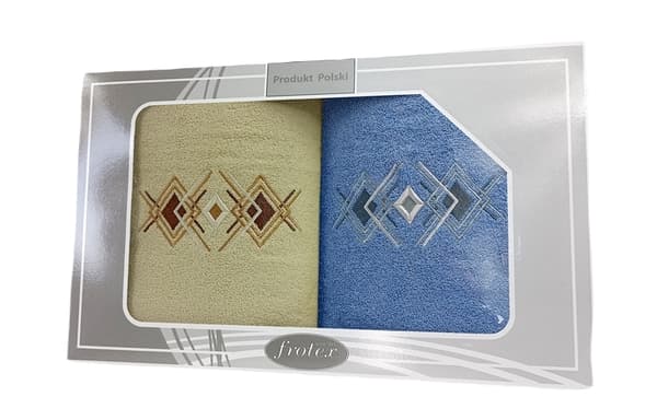 Setti 2 pyyhettä 70x140 Frotex Gift 2 geometrinen kuvio kermansininen