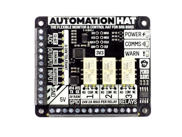 Pimoroni Automation HAT, Overvåkings- og automatiseringskontroller, Raspberry Pi, Raspberry Pi 3/2/B+/A+/Zero/Zero W, Raspberry Pi, Sort, 24 V