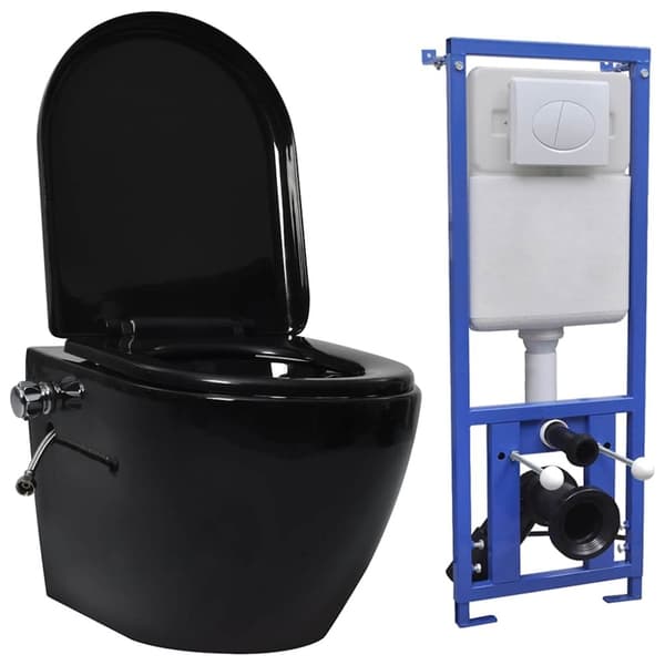 vidaXL væghængt toilet uden kant og med skjult cisterne keramik sort