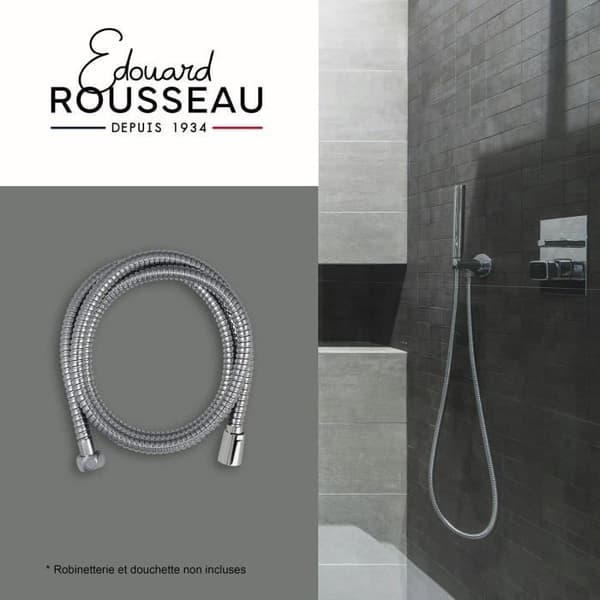 Duschslang - ROUSSEAU - Vridsäkra metallmuttrar - Flödesreducerare - Längd 1,50 m - Dubbelhäftad förkromad rostfri stål