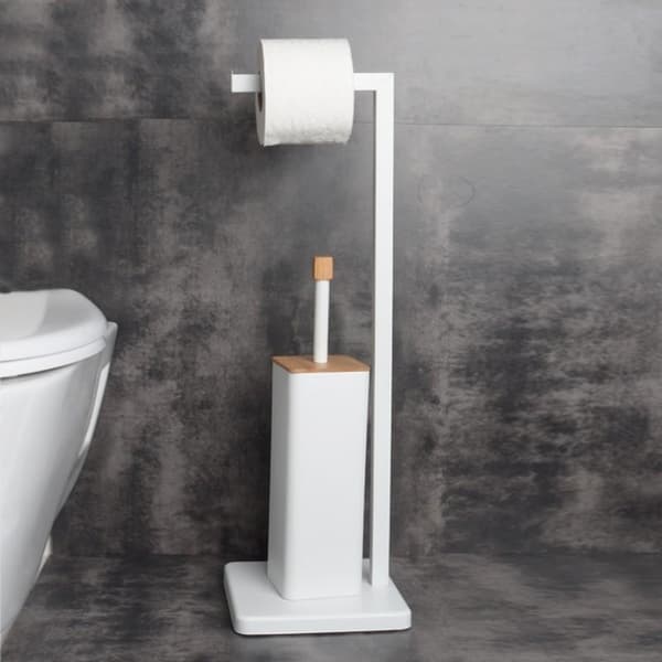 Toiletrulleholder stående med toiletbørste - 20x64cm - hvid bambus