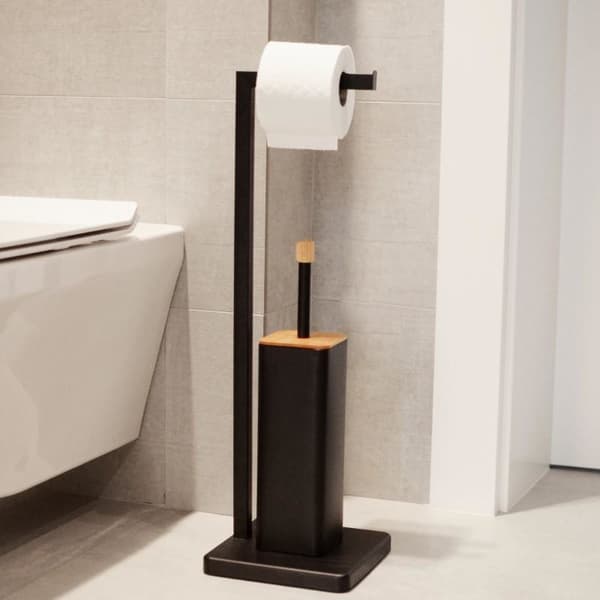 WC-paperiteline seisomassa wc-harjalla - 20x64cm - musta bambu