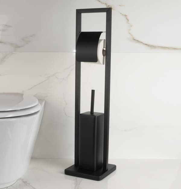 2-i-1 Toalettställ med borste & hållare, svart stål, platsbesparande design