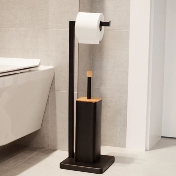 Minimalistisk Sort Stål Toiletbørste & Holdere med Bambus Accent - Pladsbesparende Design