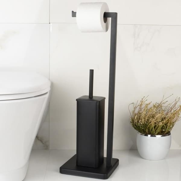 Sort fritstående toiletbørste med integreret toiletpapirholder - Nem DIY-samling, Moderne design