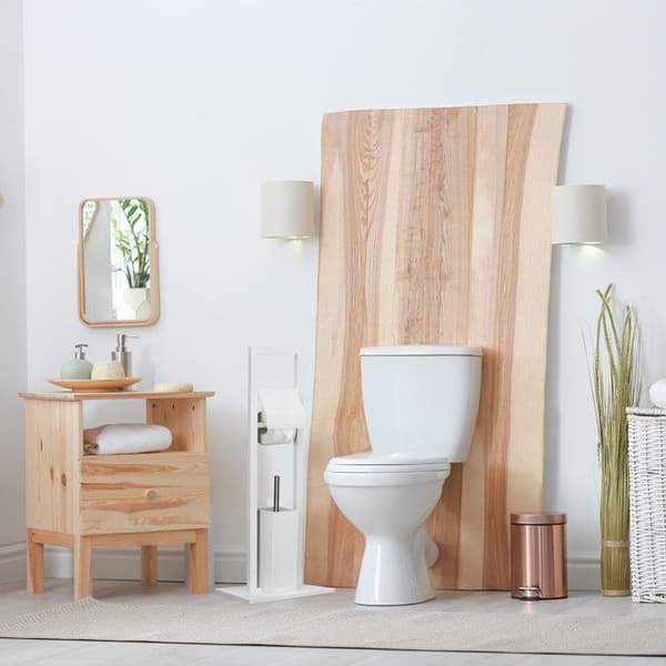 Relaxdays Toalettpappershållare Set Fristående toalettborsthållare Badrumspappersautomat Bambu 82x36x21cm, Vit
