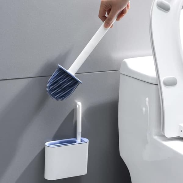 Flad toiletbørste med vægmonteret etui - Silikone toiletbørste til badeværelse, blå/grå