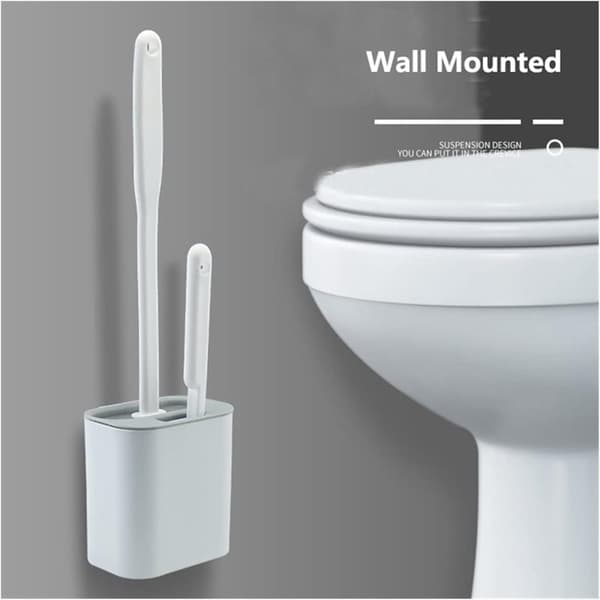 Flad toiletbørste med vægmonteret etui - Silikone toiletbørste til badeværelse, blå/grå