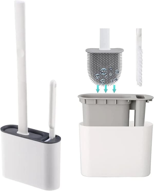 Flad toiletbørste med vægmonteret etui - Silikone toiletbørste til badeværelse, blå/grå