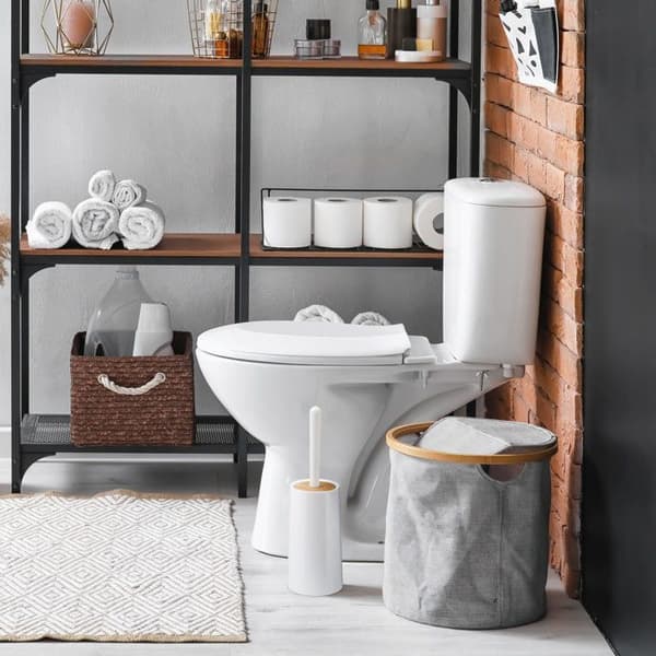 Relaxdays WC-borste, med behållare, plast och bambu, autonom, hygienisk, toalettborste med lock, vit