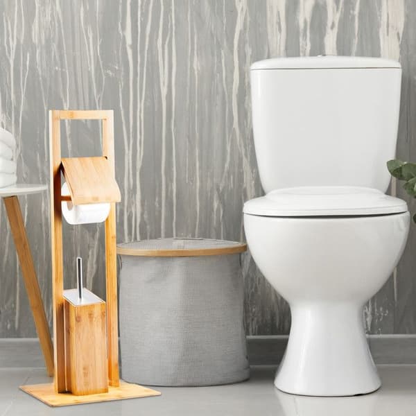 Relaxdays Set toalettborste och toalettrullhållare i bambu HxlxB: 82 x 36 x 21 cm, natur