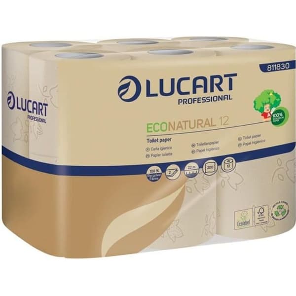 Lucart Professional EcoNatural 12 Toalettpapper fiberpapper 200 ark rulle 22 m Havanna (pack med 12)