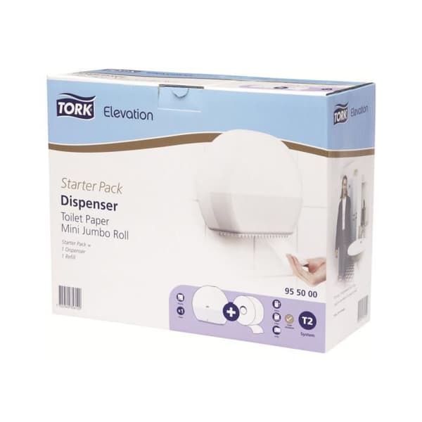 Tork Elevation Startpaket Mini Jumbo T2 toalettpappersdispenser med plasttoalettpappersrulle 170m