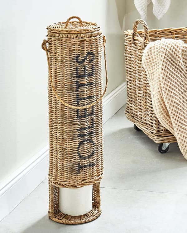 Toiletpapirholder til Gulv Rattan 65 cm Toiletrulleholder på Fod Fritstående Papirholder til Ekstra Ruller Badeværelse