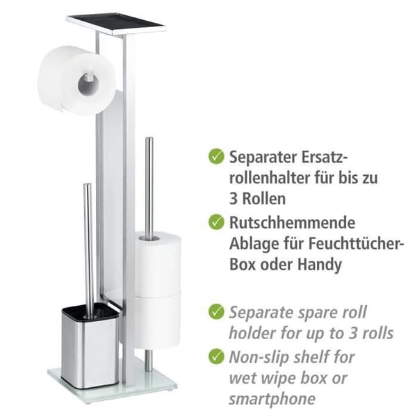 Debar 4in1 WC Caddy, Toalettborste och toalettpappersdispenser med förvaringshylla, Rostfritt stål - härdat glas, 21x70,5x18