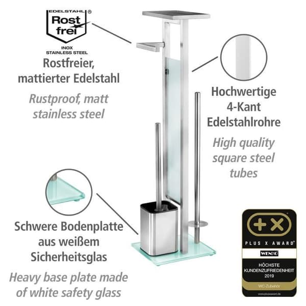 Debar 4in1 WC Caddy, Toalettborste och toalettpappersdispenser med förvaringshylla, Rostfritt stål - härdat glas, 21x70,5x18