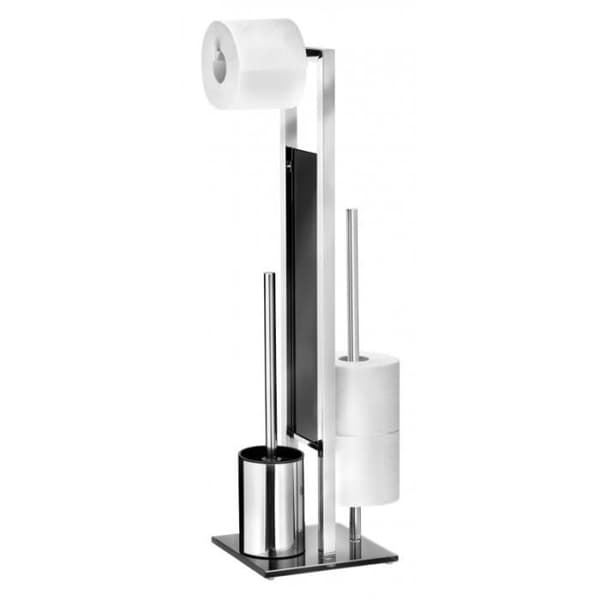 WENKO Rivalta Toilet Caddy, Toalettborste och Toalettpappershållare, Rostfritt stål - Härdat glas, 18x70x23 cm, Blank - Svart