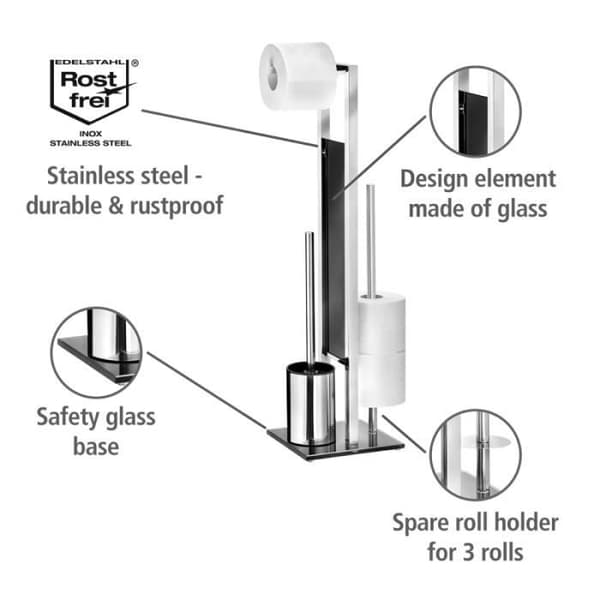 WENKO Rivalta Toilet Caddy, Toalettborste och Toalettpappershållare, Rostfritt stål - Härdat glas, 18x70x23 cm, Blank - Svart
