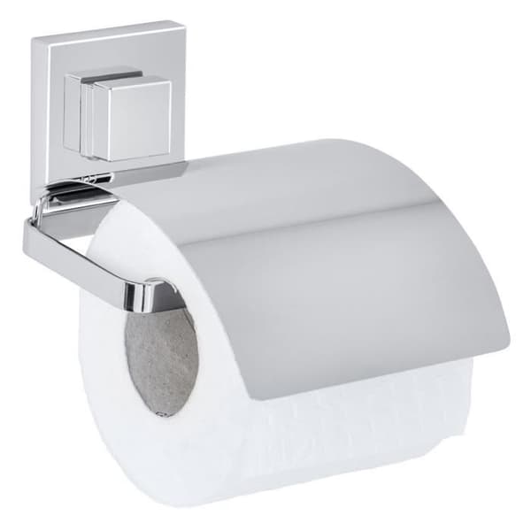 WENKO Quadro väggmonterad toalettpappershållare, toalettpappershållare med lock, Vacuum-Loc® fäste utan borrning, Rostfritt stål