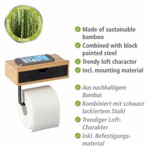 Bambusa väggmonterad toalettpappershållare i trä, toalettpappershållare med smartphonehållare och förvaringslåda, bambu,