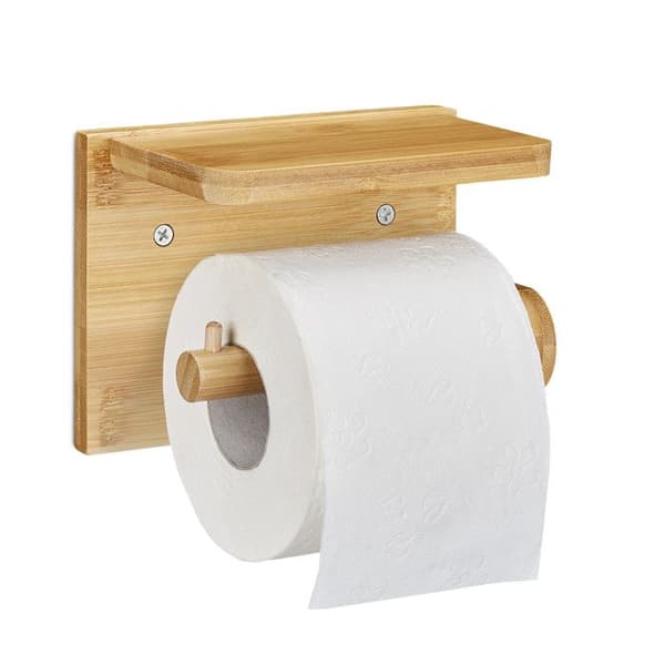 Relaxdays Toalettpapirholder med oppbevaringsplass for mobil &amp; våtservietter, bambus, HLP 12x16x10,3 cm, natur
