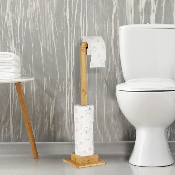 Relaxdays Toalettpappershållare på fot, bambu, utan borrning, Stående för extra rullar, 71,5x23,5x19 cm, naturnyans