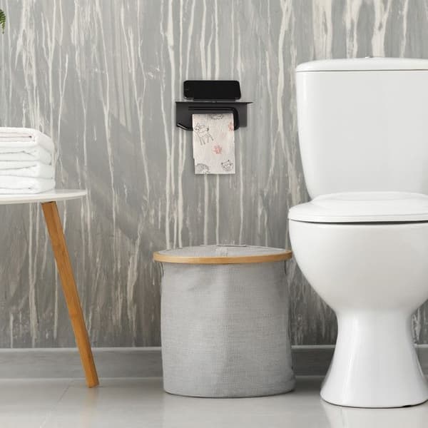 Relaxdays Toalettpappershållare med mobilhållare, väggmontering med och utan borrning, i rostfritt stål 430, matt svart