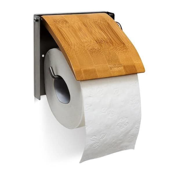 Relaxdays Toalettrullehållare i bambu och rostfritt stål HxBxD: 13,5 x 14,5 x 13,5 cm Väggmonterad badrumstoalett,