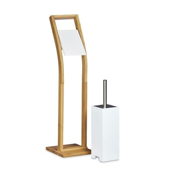 Relaxdays toalettborsthållare och toalettpappersdispenser i bambouträ HxBxD: 75 x 19 x 19 cm pappersrullehållare