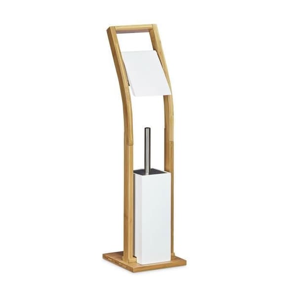 Relaxdays toalettborsthållare och toalettpappersdispenser i bambouträ HxBxD: 75 x 19 x 19 cm pappersrullehållare